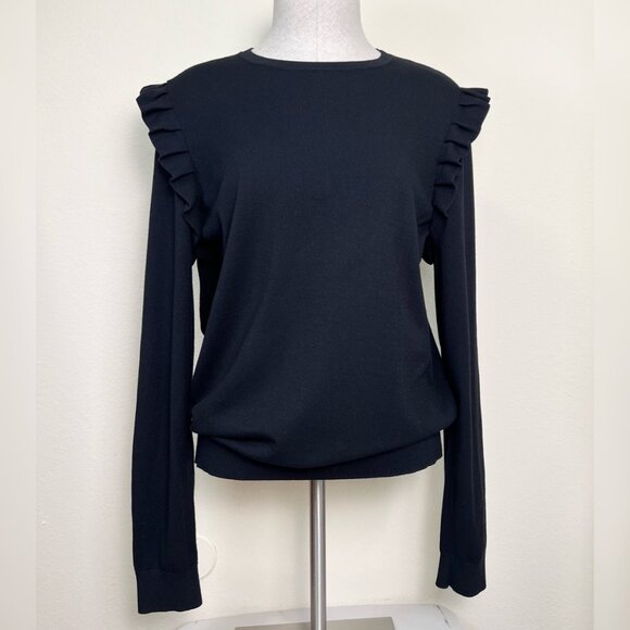 ANN TAYLOR Black Long Sleeve Ruffle Shoulder Sweater Top Size Large - Picture 1 of 8